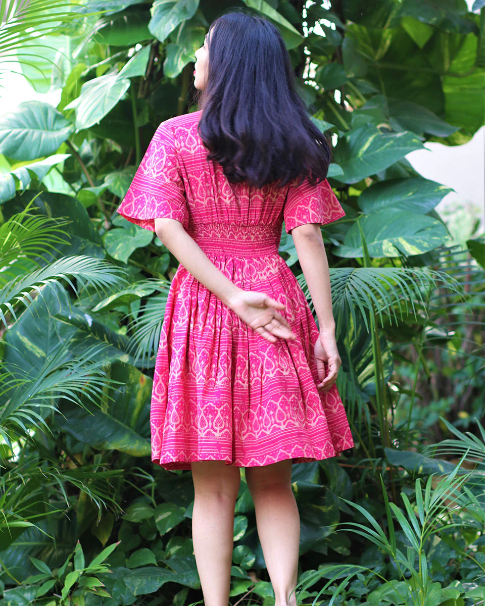 Tranquil Pink Block Printed Cotton Pleated Dress - Fursat - Image 4