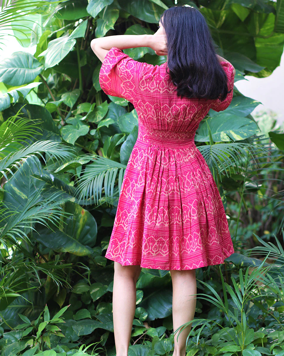 Tranquil Pink Block Printed Cotton Pleated Dress - Fursat - Image 5