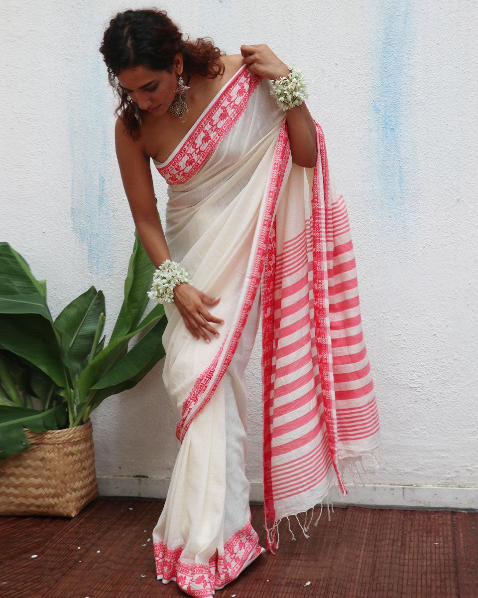 Trinetra Ivory Handwoven Linen Cotton Jamdani Saree - Uma - Image 2