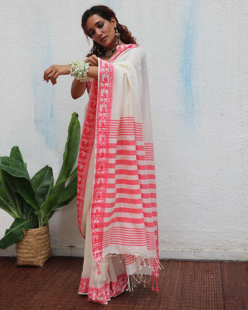 Trinetra Ivory Handwoven Linen Cotton Jamdani Saree - Uma - Image 4
