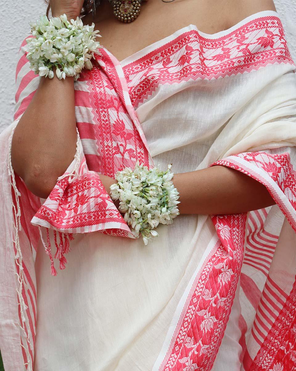 Trinetra Ivory Handwoven Linen Cotton Jamdani Saree - Uma - Image 7