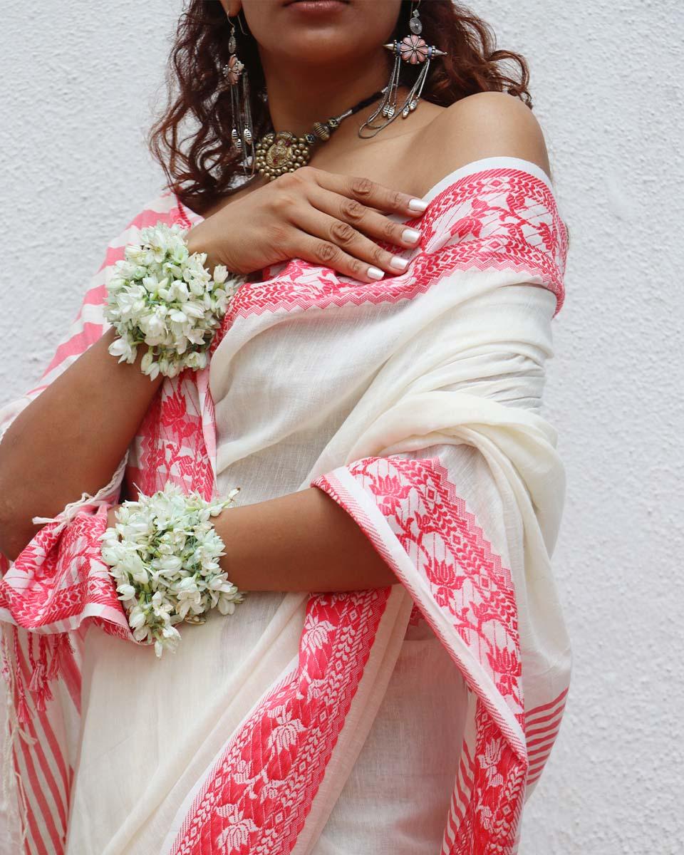 Trinetra Ivory Handwoven Linen Cotton Jamdani Saree - Uma - Image 8