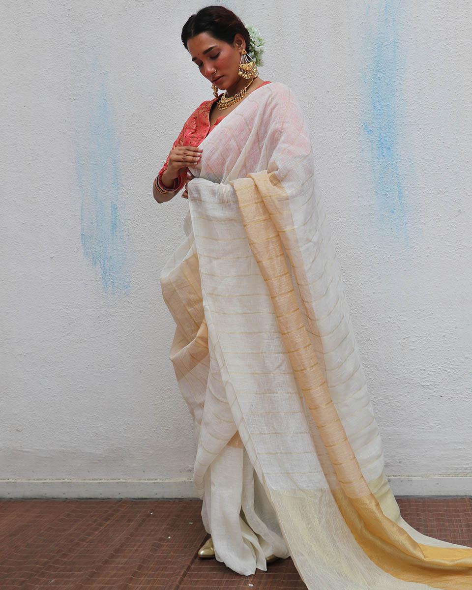 Udaya Ivory Handwoven Linen Zari Saree - Onam - Image 2