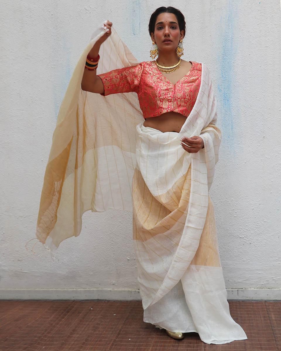 Udaya Ivory Handwoven Linen Zari Saree - Onam - Image 4