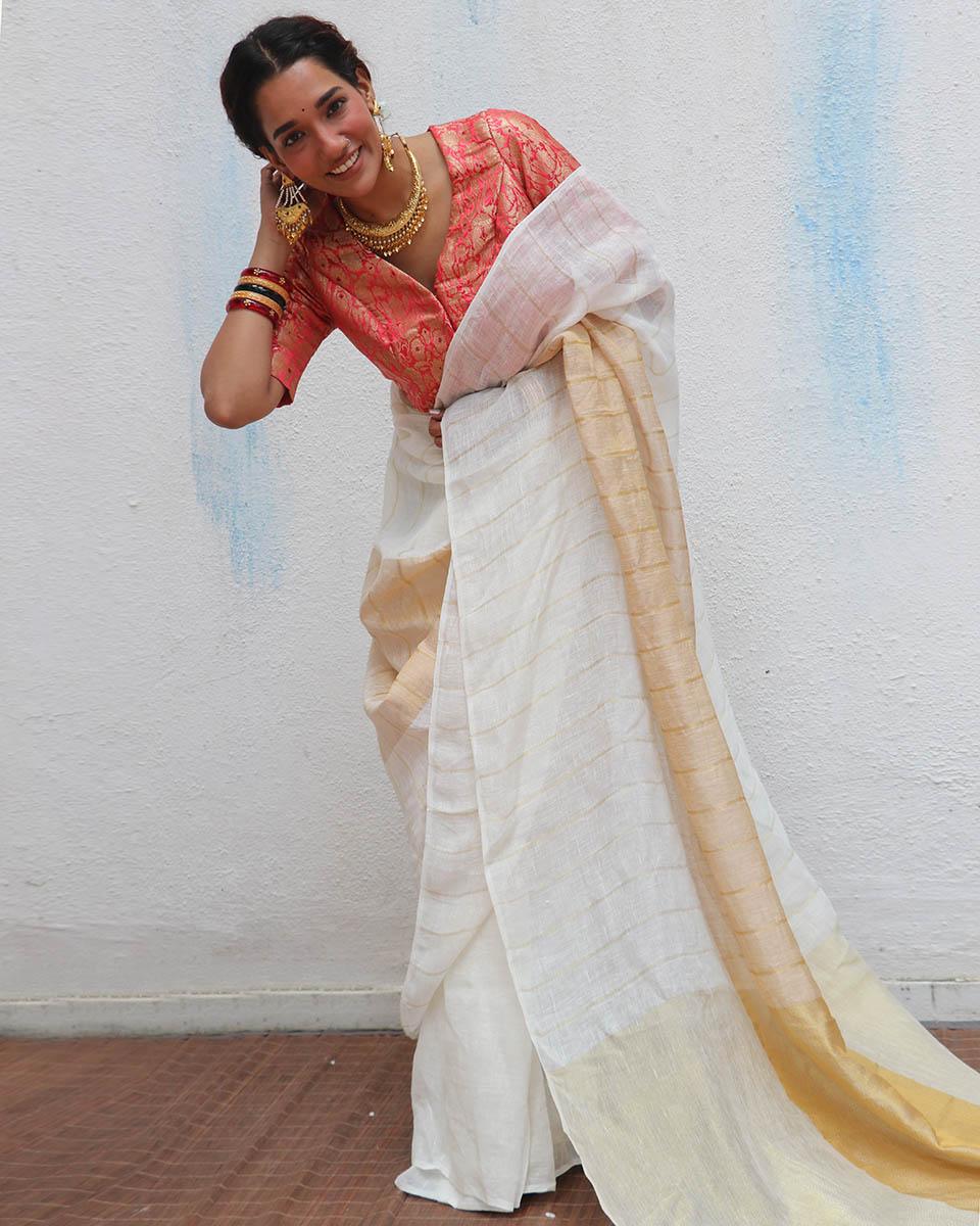 Udaya Ivory Handwoven Linen Zari Saree - Onam - Image 9