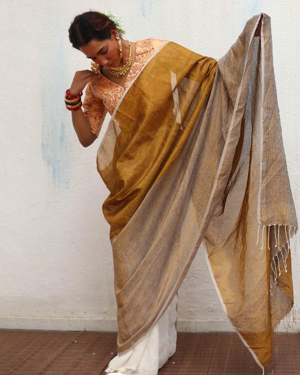 Udvita Golden Handwoven Linen Zari Saree - Onam - Image 8