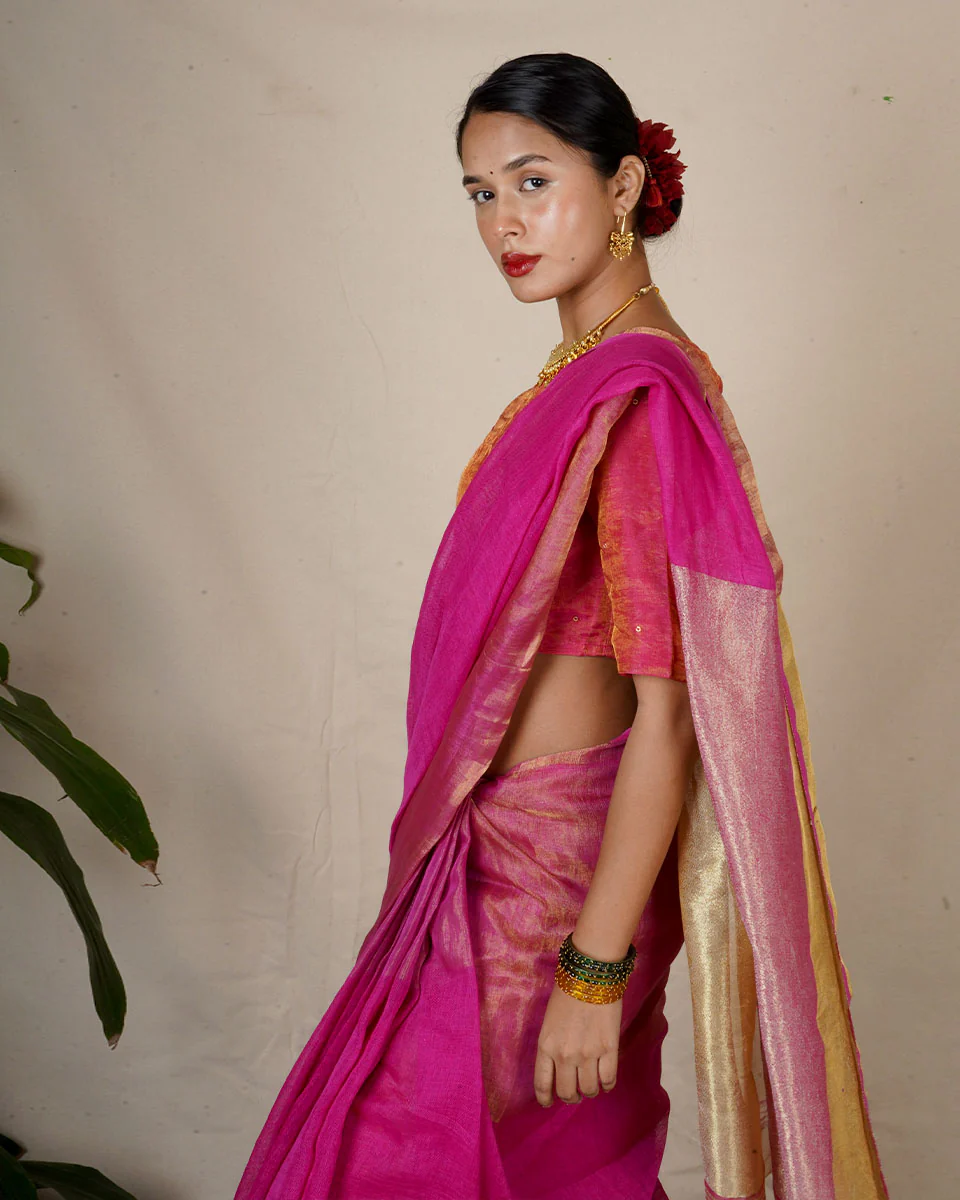 Ujjwala Pink Handwoven Linen Zari Saree - Eknoor - Image 12
