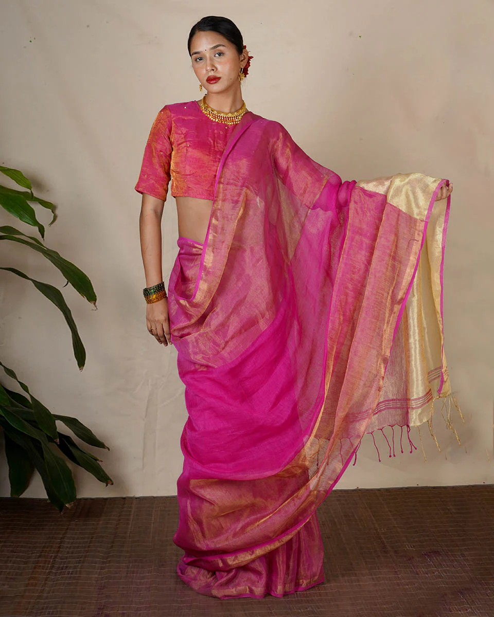 Ujjwala Pink Handwoven Linen Zari Saree - Eknoor - Image 2