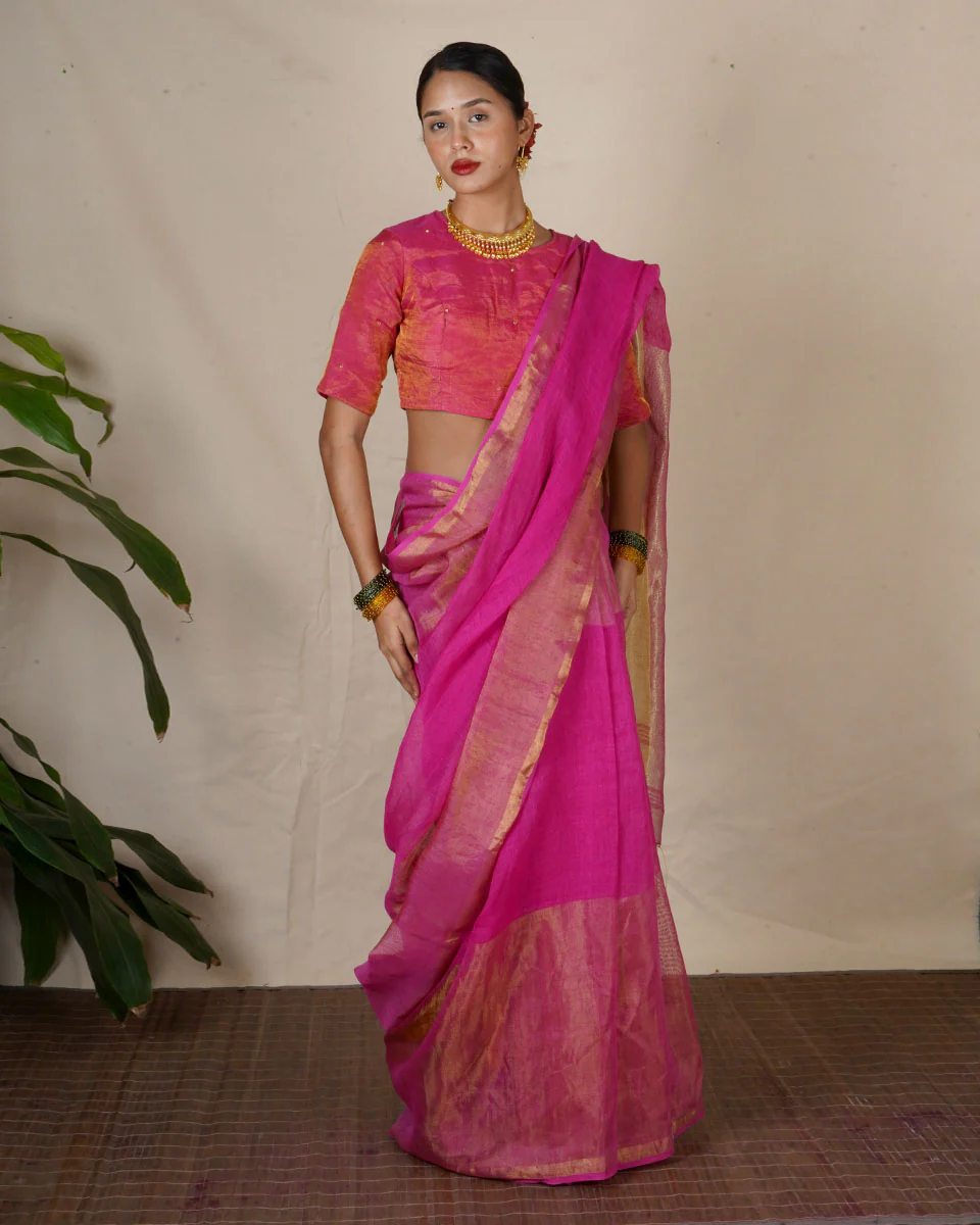 Ujjwala Pink Handwoven Linen Zari Saree - Eknoor - Image 4