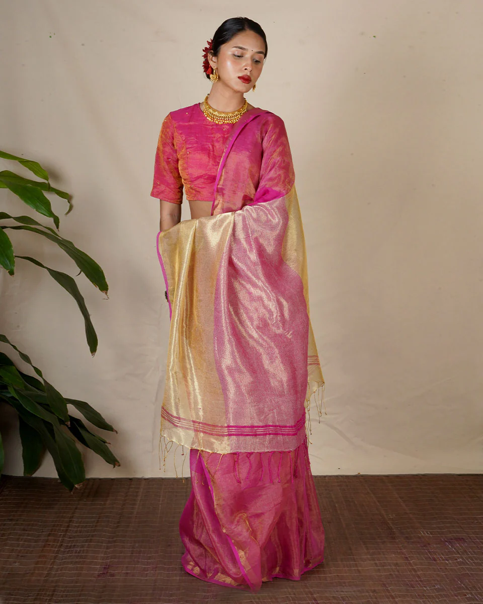 Ujjwala Pink Handwoven Linen Zari Saree - Eknoor - Image 7