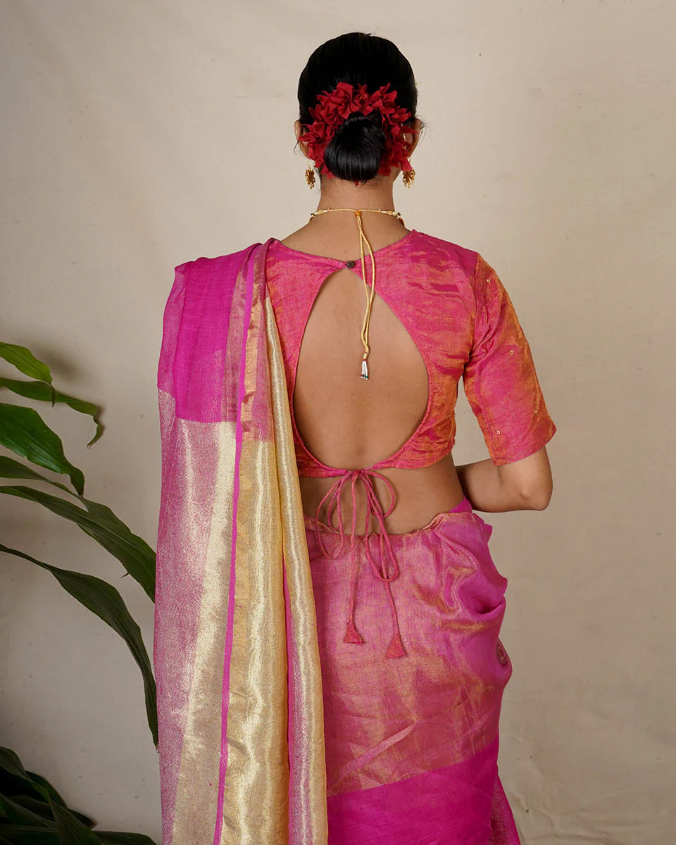 Ujjwala Pink Handwoven Linen Zari Saree - Eknoor - Image 9