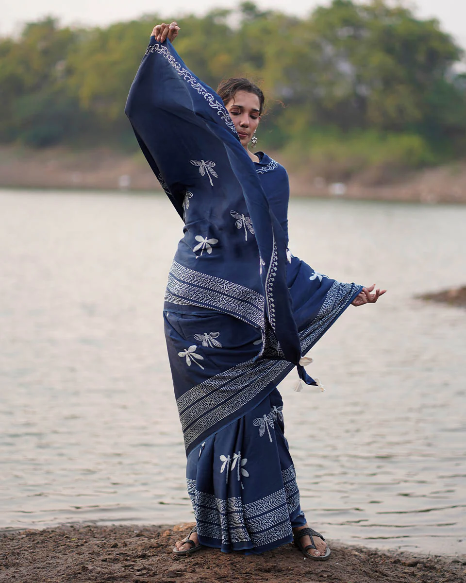 Urmi Blue Block printed Modal Silk Saree - Jaisal - Image 10