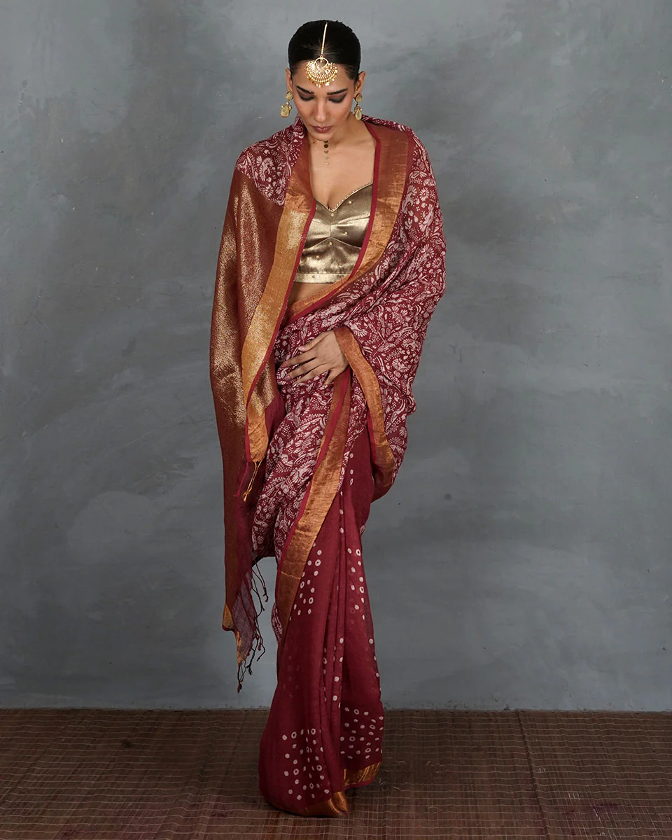 Urvi Maroon Handblock Linen Saree - TARA - Image 10