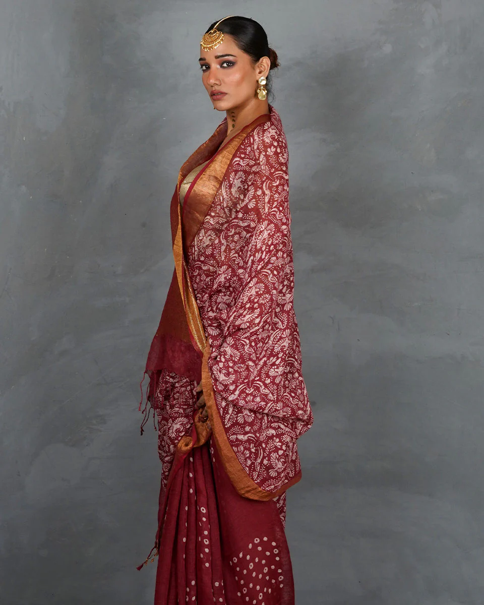 Urvi Maroon Handblock Linen Saree - TARA - Image 5