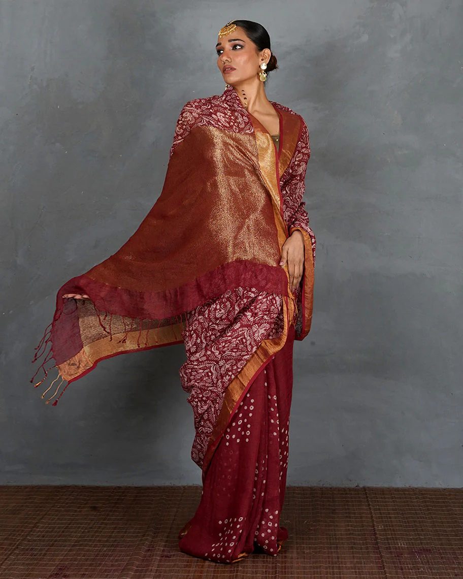 Urvi Maroon Handblock Linen Saree - TARA - Image 6