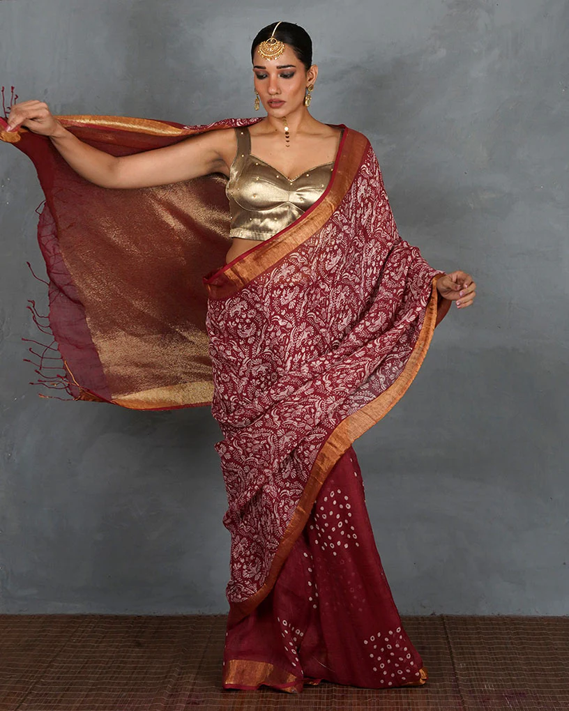 Urvi Maroon Handblock Linen Saree - TARA - Image 8