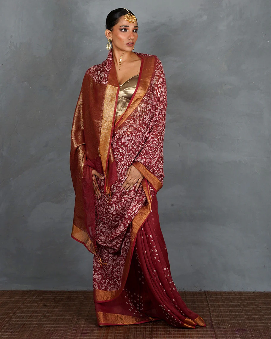 Urvi Maroon Handblock Linen Saree - TARA - Image 9