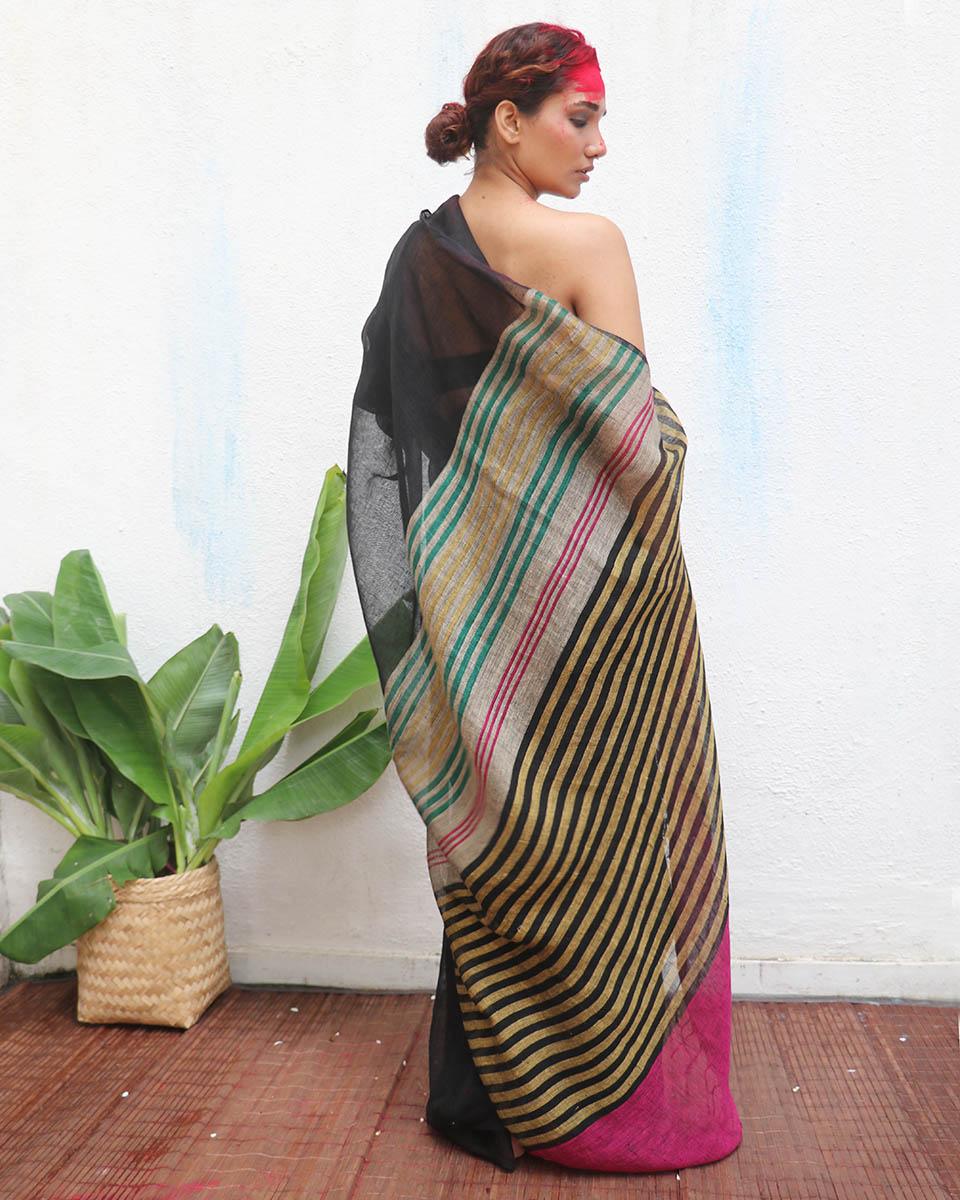 Vajrangi Black Handwoven Linen Saree - Kaali - Image 8