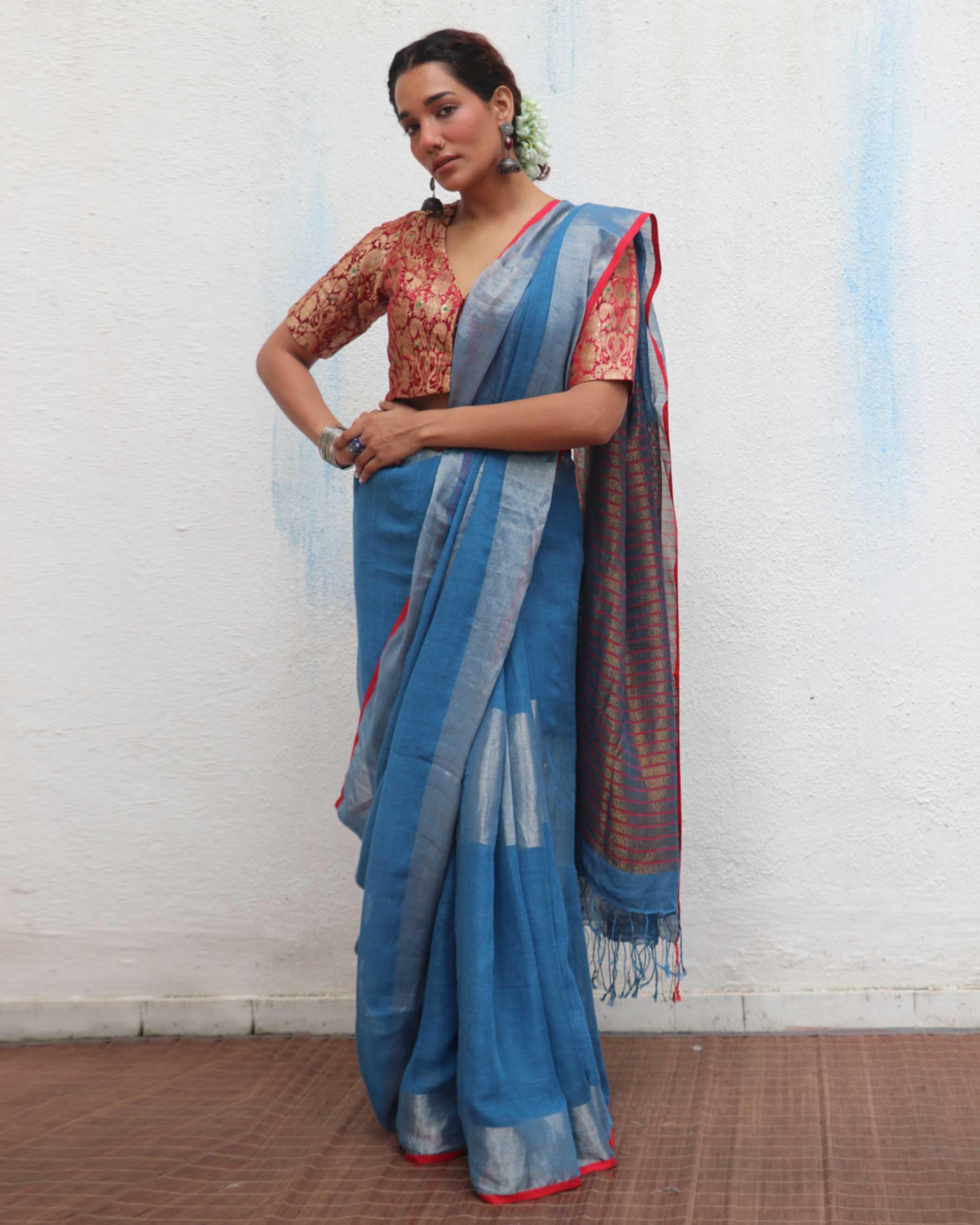 Varsha Blue Handwoven Linen Zari Saree - Jheel - Image 2