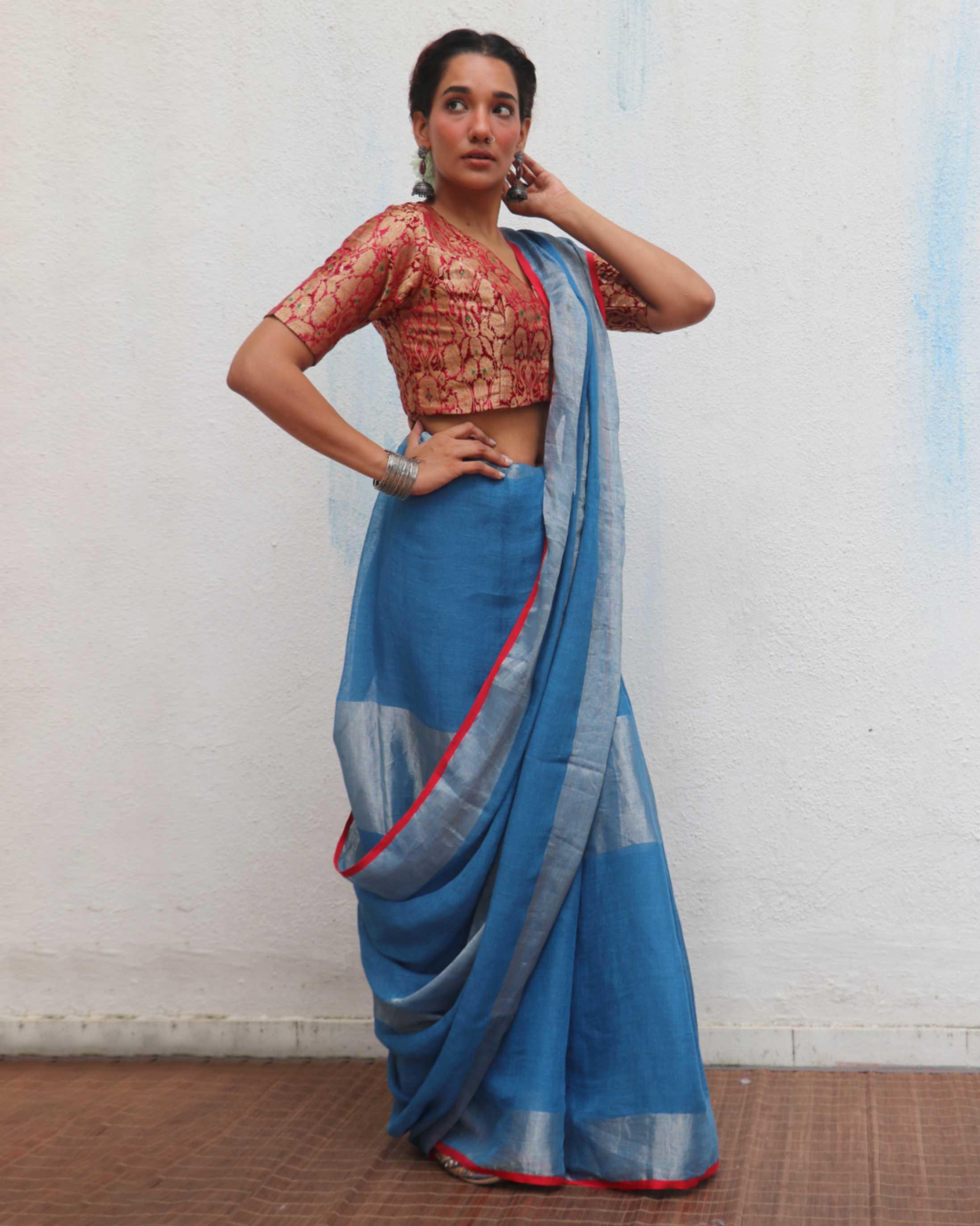 Varsha Blue Handwoven Linen Zari Saree - Jheel - Image 4
