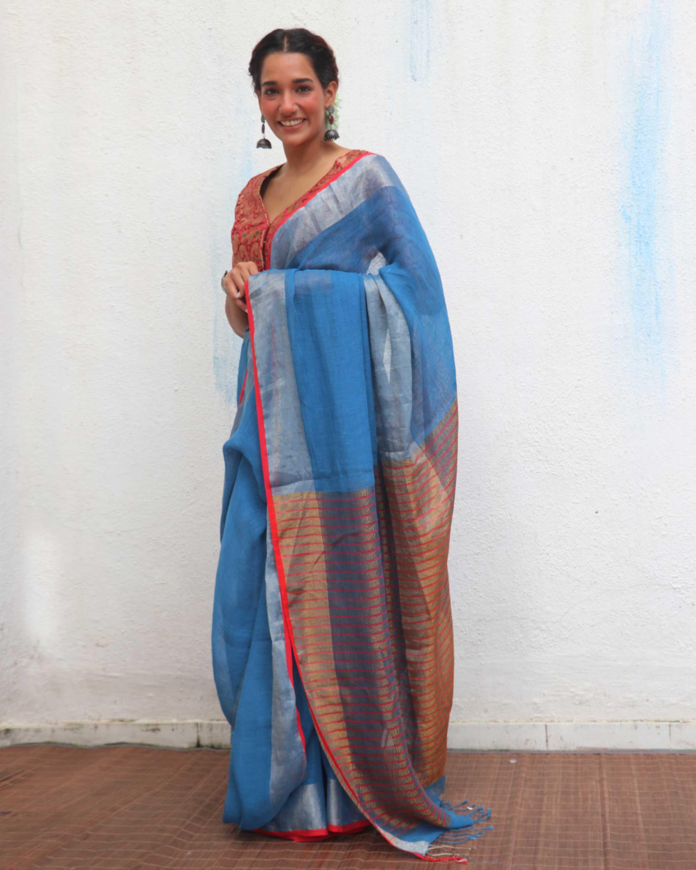 Varsha Blue Handwoven Linen Zari Saree - Jheel - Image 8