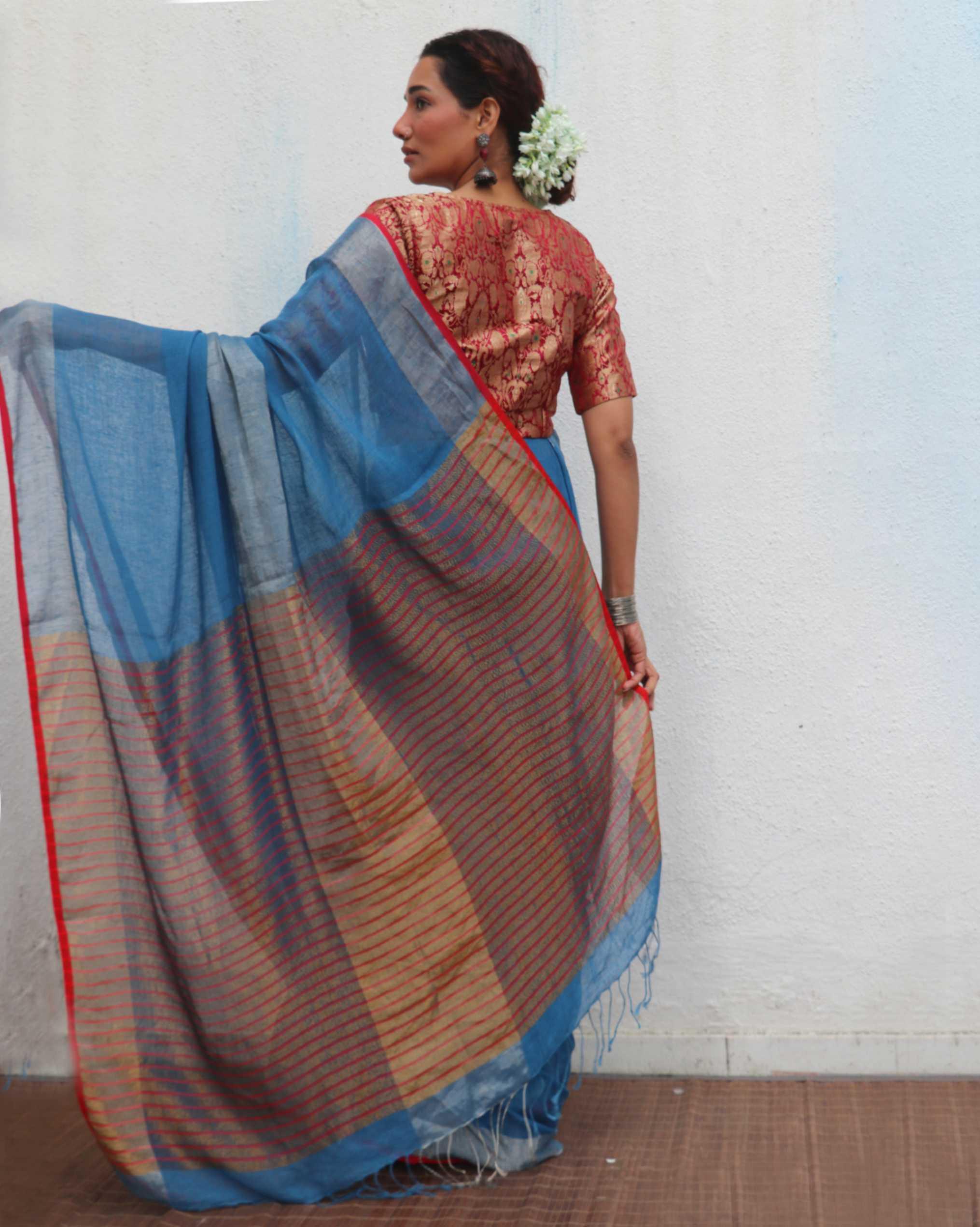 Varsha Blue Handwoven Linen Zari Saree - Jheel - Image 9
