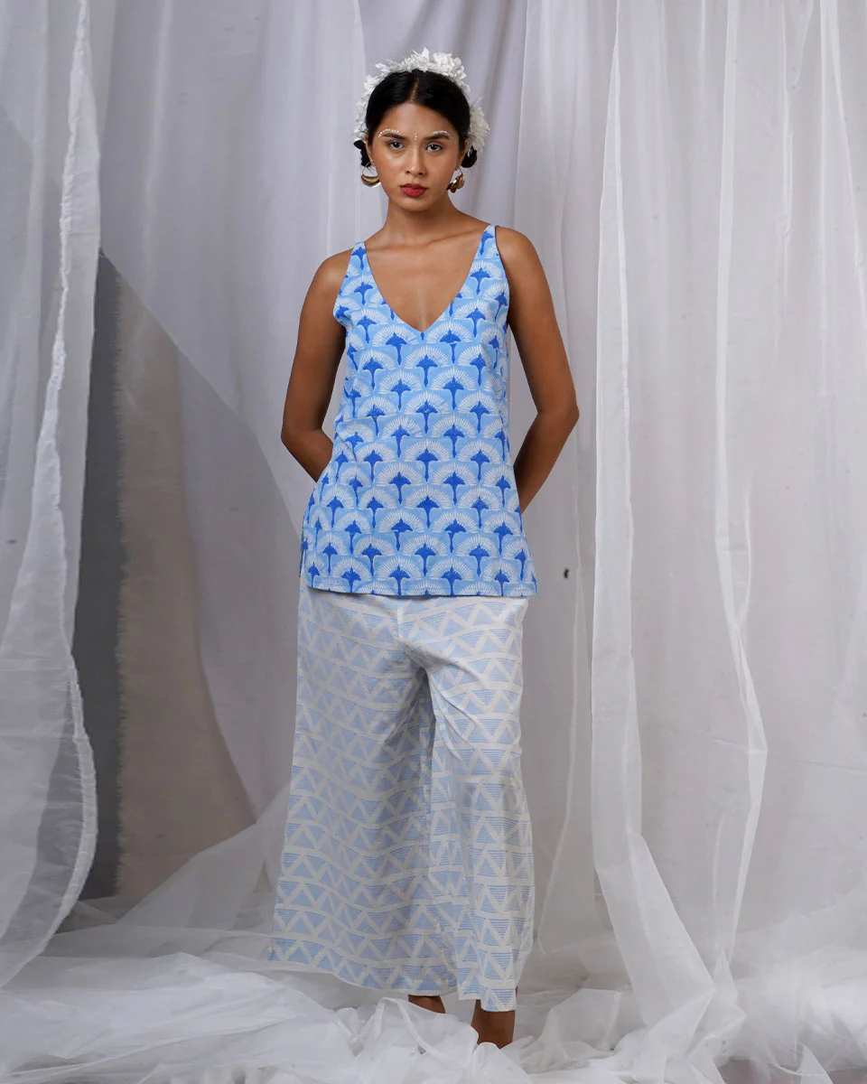 Varsha Ivory Blue Hand Block Printed Top-BAD