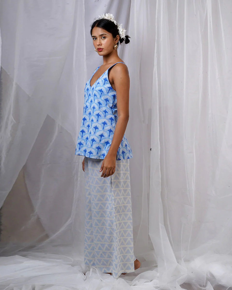 Varsha Ivory Blue Hand Block Printed Top-BAD - Image 8