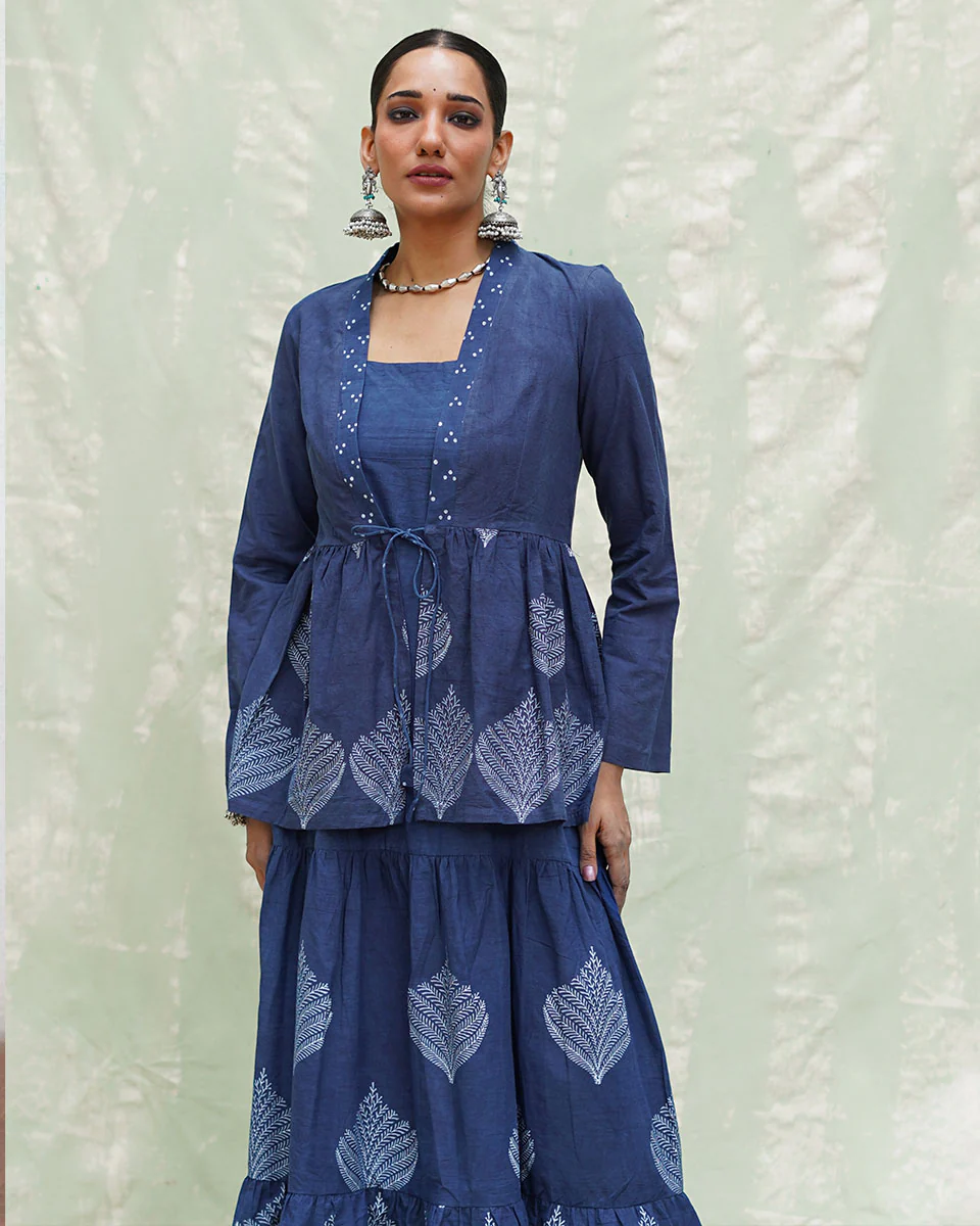 Vihang Blue Handblock Print Cotton Jacket - INDI - Image 4