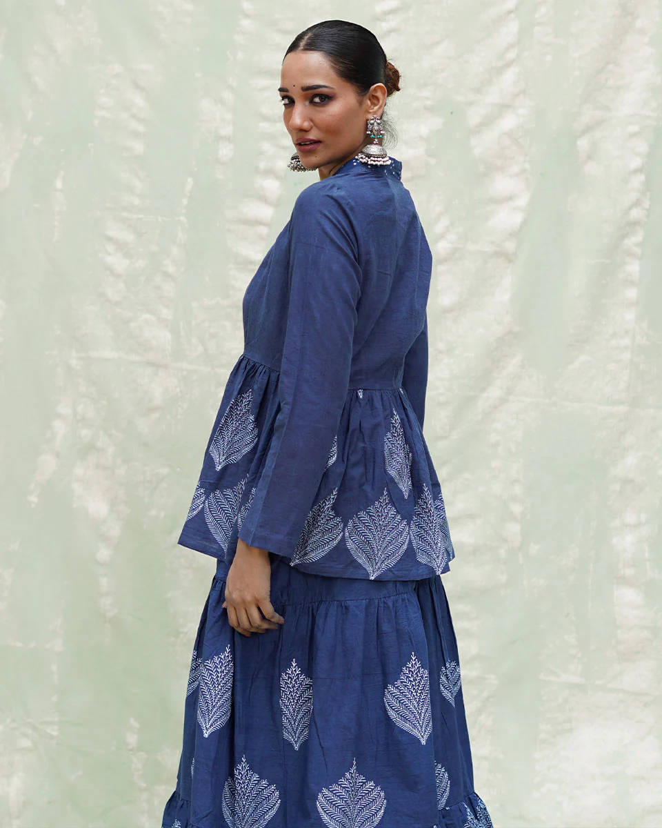 Vihang Blue Handblock Print Cotton Jacket - INDI - Image 7