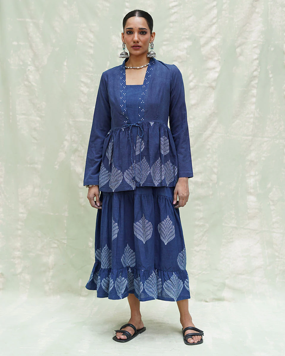 Vihang Blue Handblock Print Cotton Jacket - INDI - Image 9
