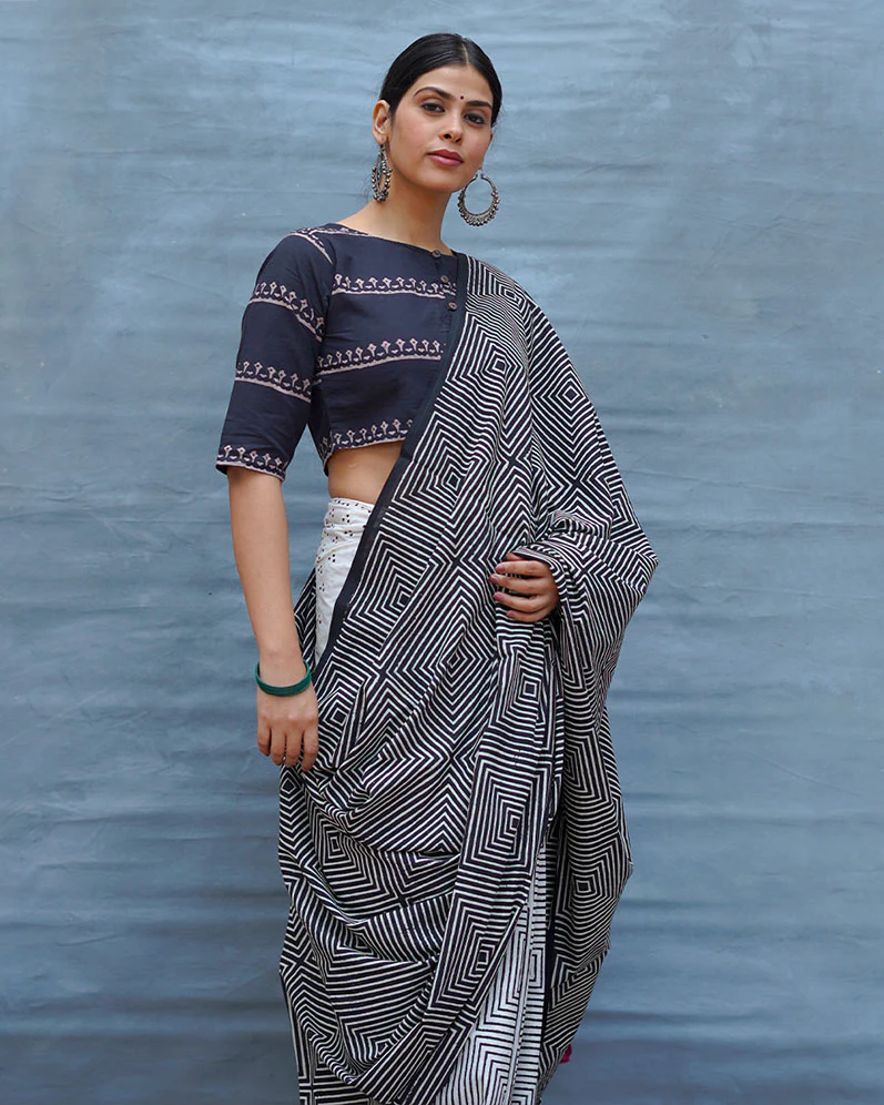 Vintage Muse Black & White Handblock Print Cotton Saree - MIS - Image 2
