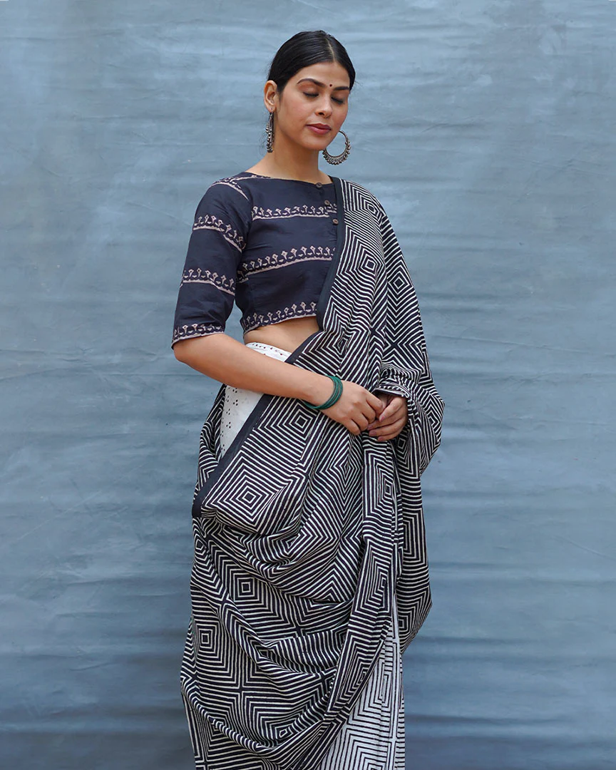 Vintage Muse Black & White Handblock Print Cotton Saree - MIS - Image 8