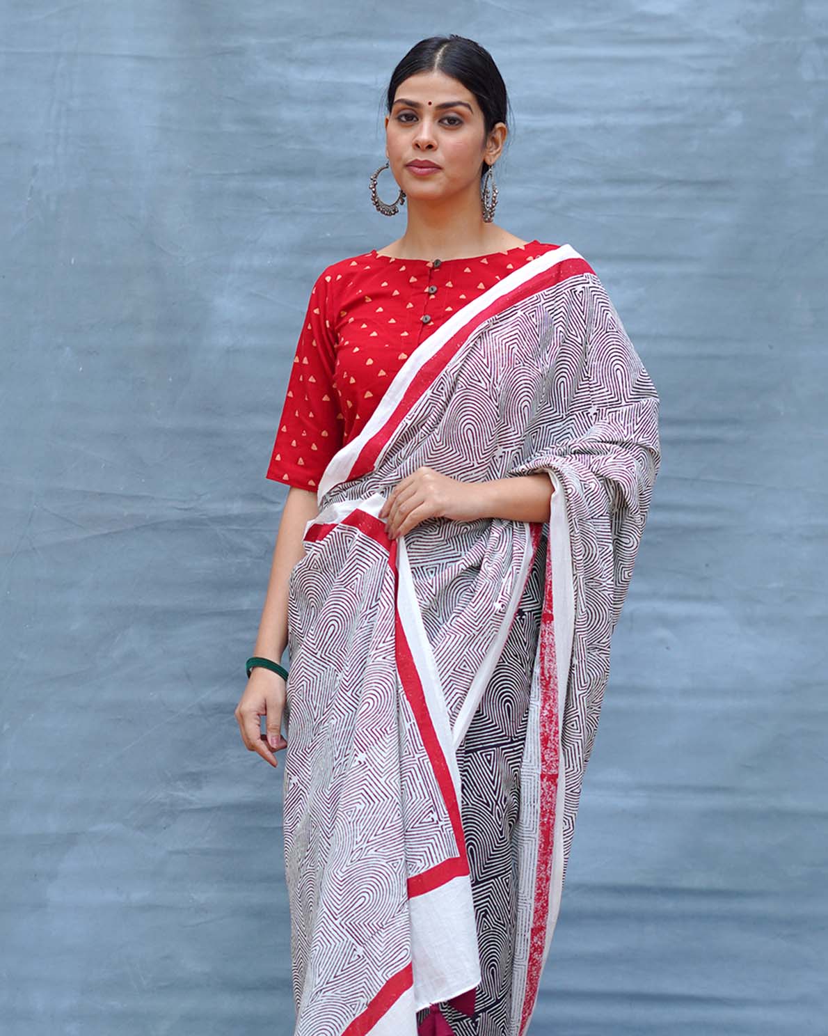 Vintage Poem Black & White Handblock Print Cotton Saree - MIS - Image 9