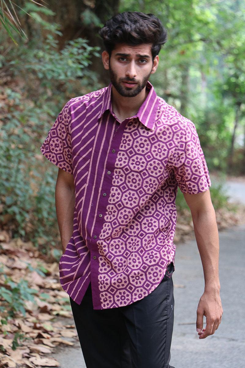 Violet Block Printed Cotton Half-Sleeved Shirt - Image 10