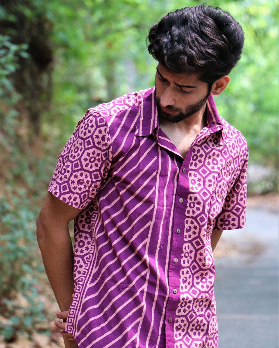 Violet Block Printed Cotton Half-Sleeved Shirt - Image 2