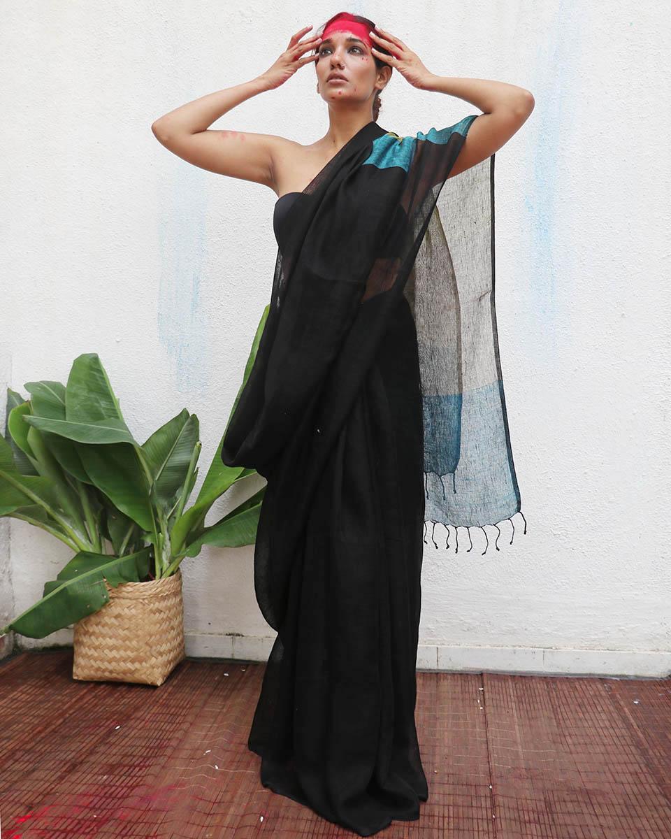 Virupakshi Black Handwoven Linen Saree - Kaali - Image 4