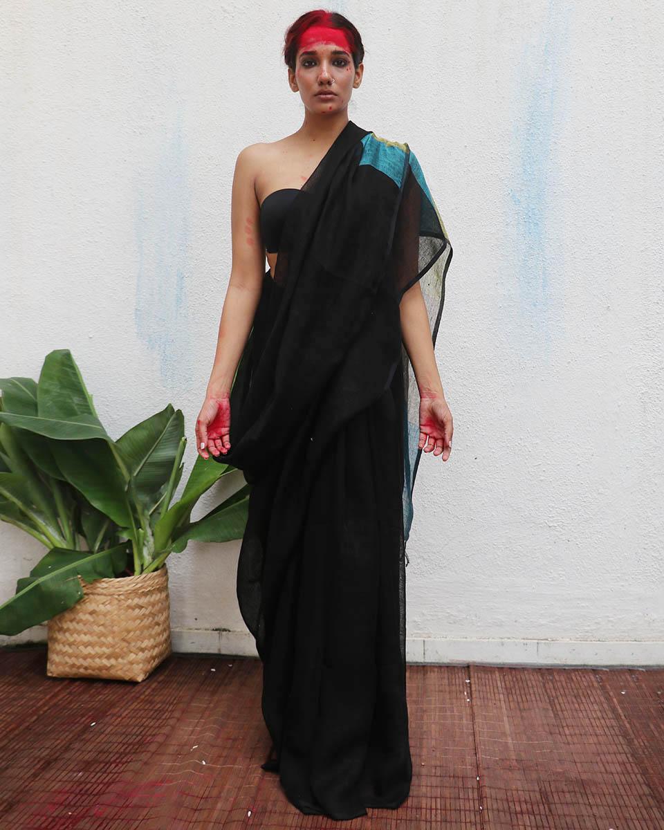 Virupakshi Black Handwoven Linen Saree - Kaali - Image 6