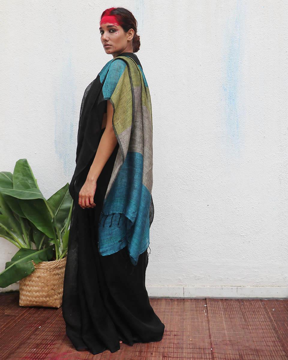 Virupakshi Black Handwoven Linen Saree - Kaali - Image 7