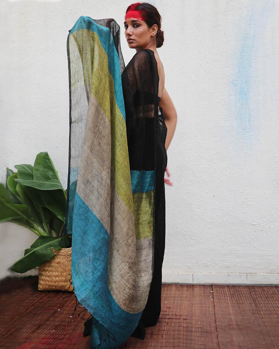 Virupakshi Black Handwoven Linen Saree - Kaali - Image 9