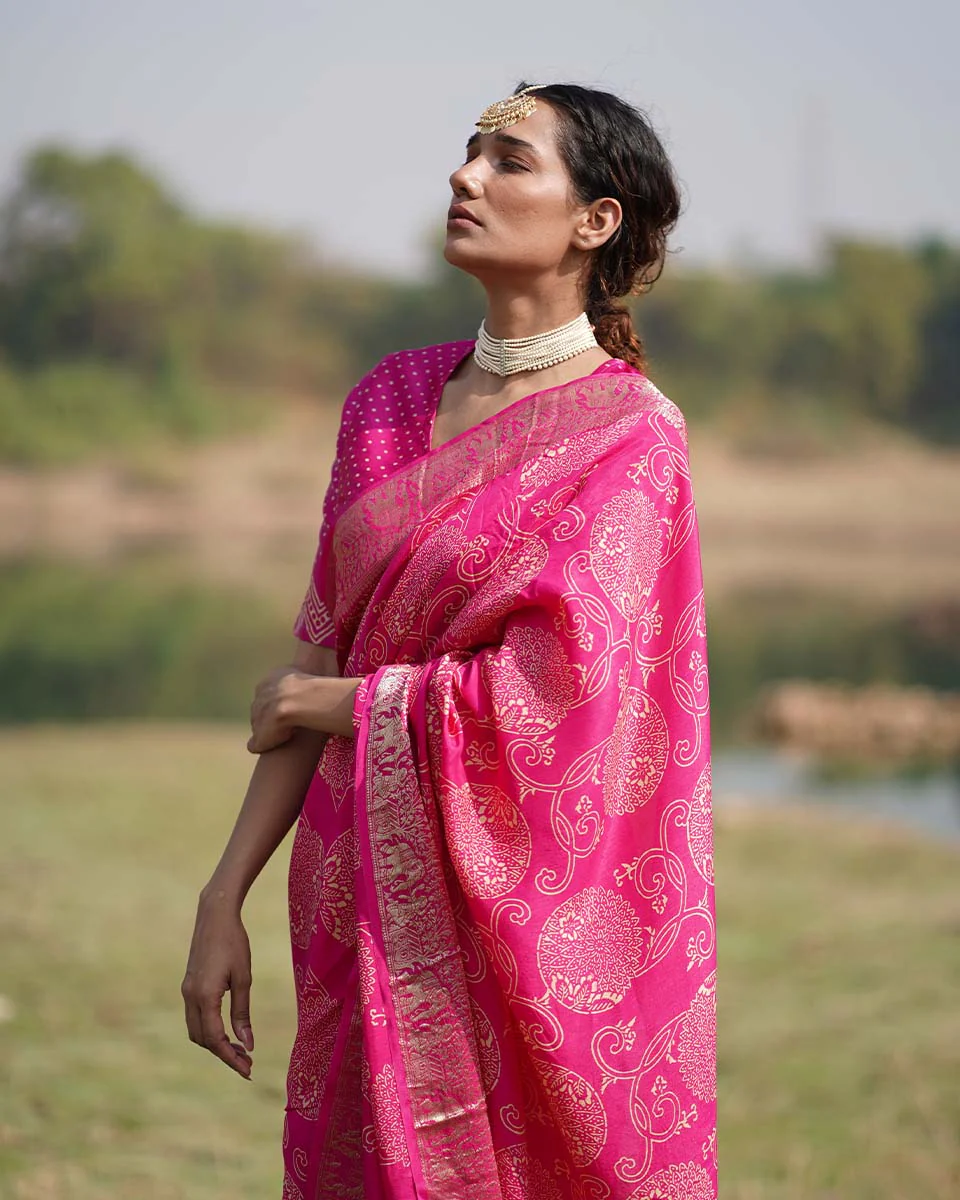 Visakha Pink Block printed Dola Silk Saree - RB - Image 13