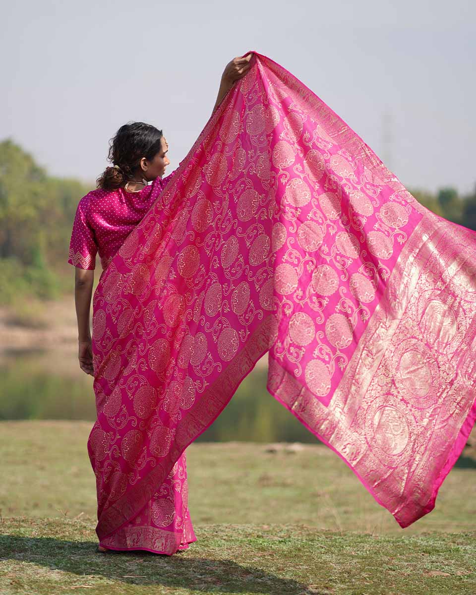 Visakha Pink Block printed Dola Silk Saree - RB - Image 4