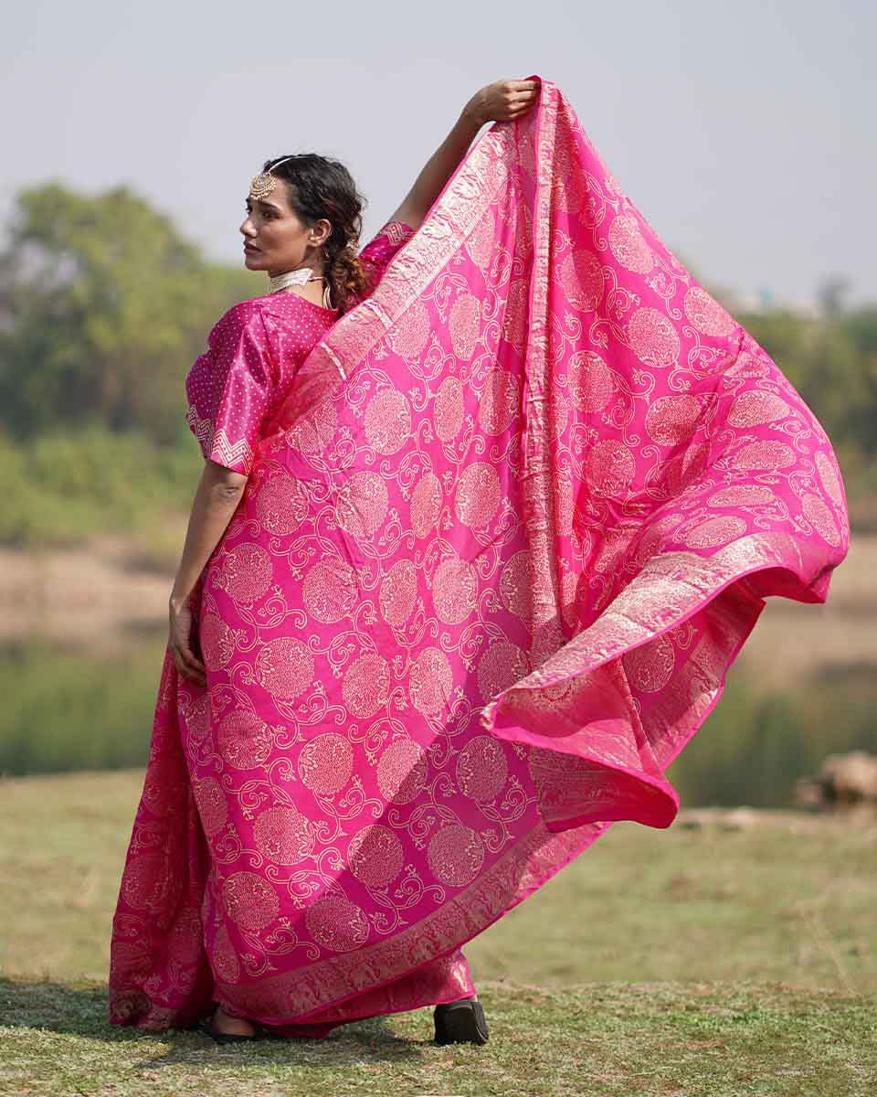 Visakha Pink Block printed Dola Silk Saree - RB - Image 5