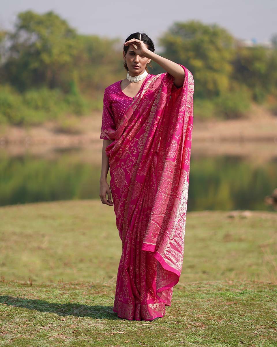 Visakha Pink Block printed Dola Silk Saree - RB - Image 7