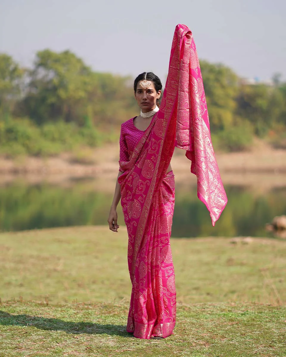 Visakha Pink Block printed Dola Silk Saree - RB - Image 8