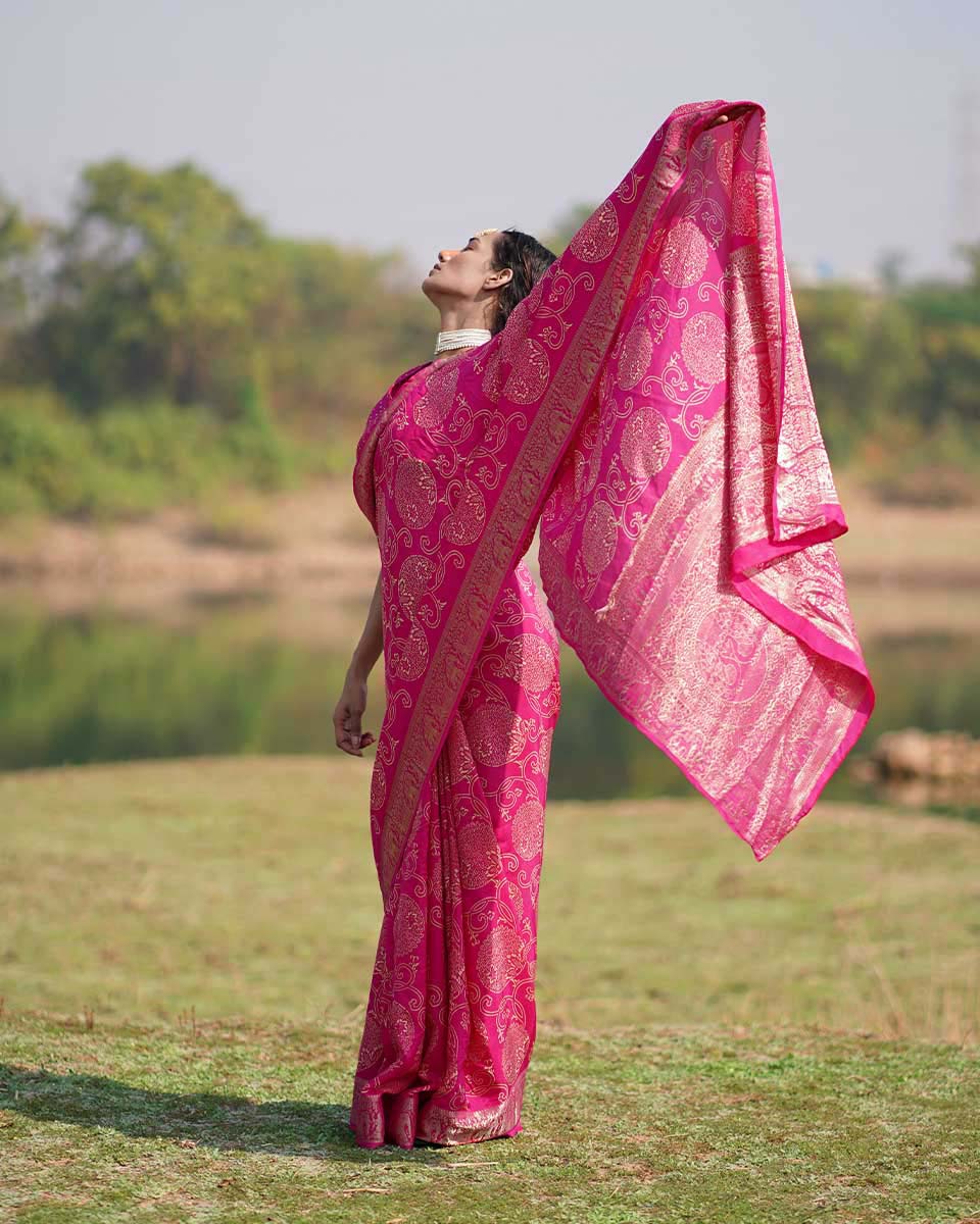 Visakha Pink Block printed Dola Silk Saree - RB - Image 9