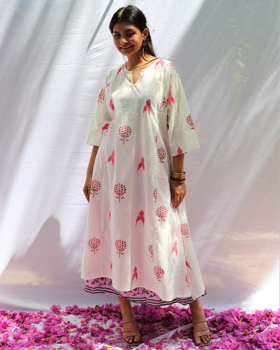 Flourish White Block Printed Cotton Kurta Set With Skirt - Fos - Image 2