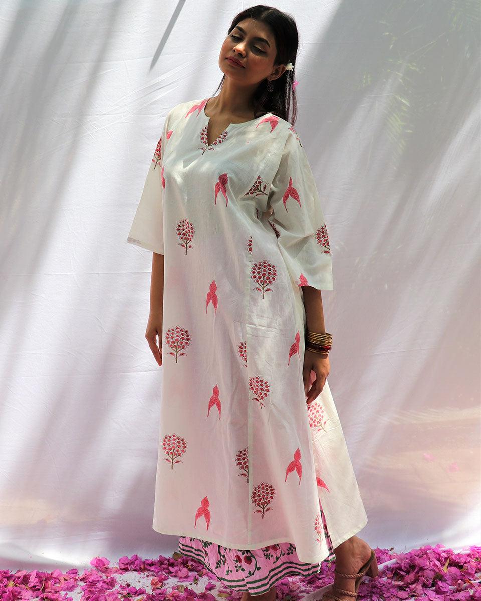 Flourish White Block Printed Cotton Kurta Set With Skirt - Fos - Image 5