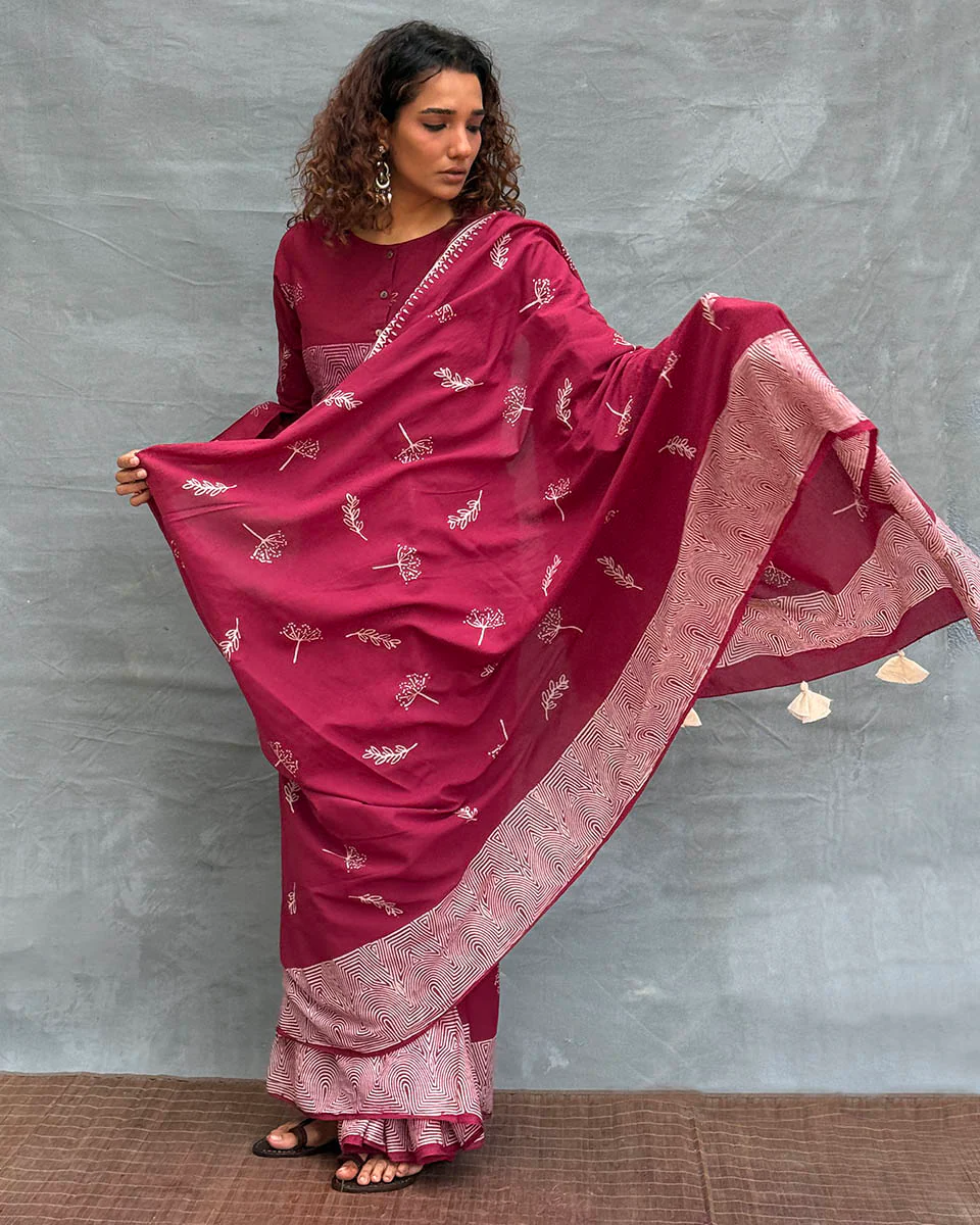 Wings over Waters Blockprinted Cotton Saree - Soil - Image 11