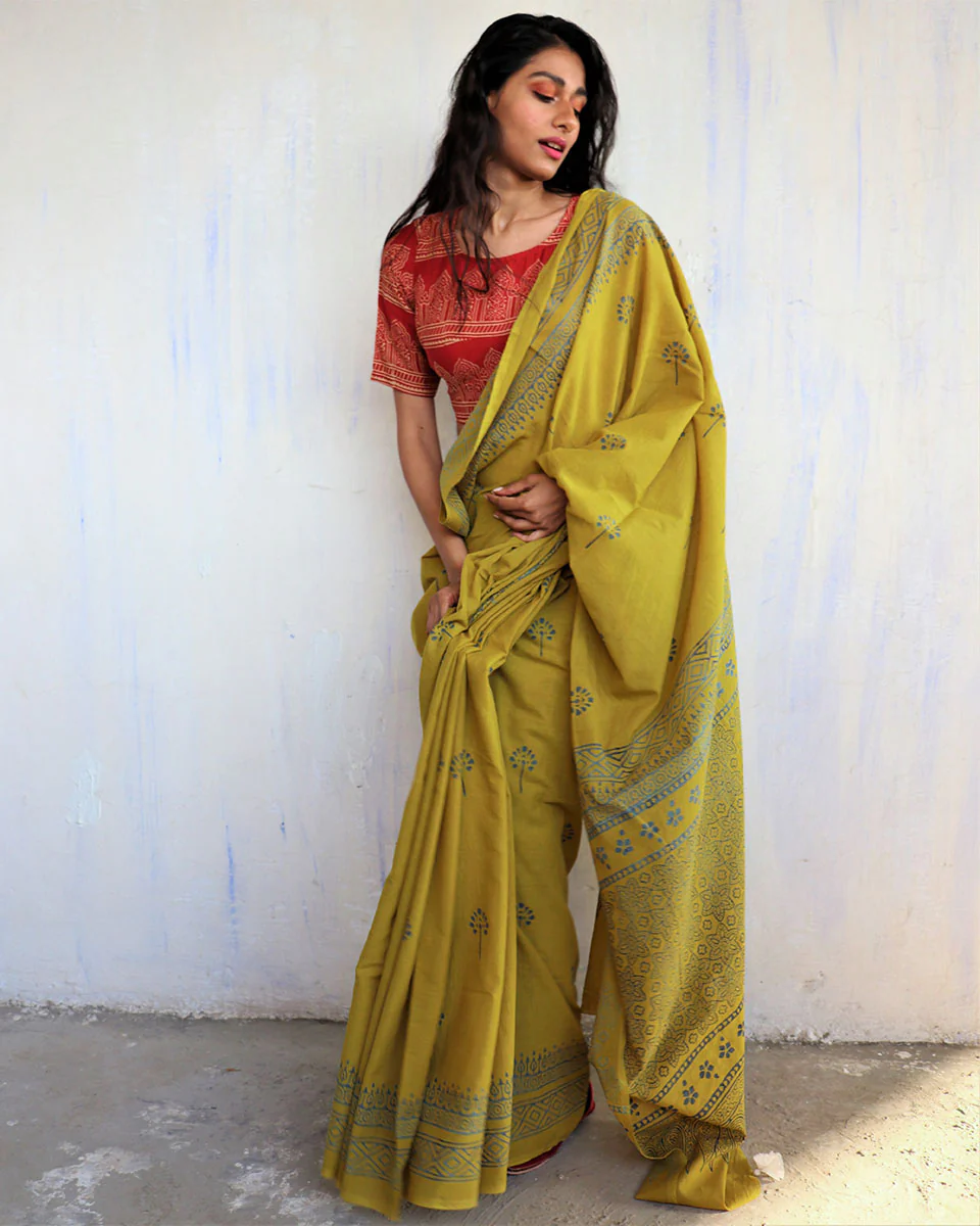 Kimana Handblockprinted Cotton Saree - Butterfly Girls - Image 6